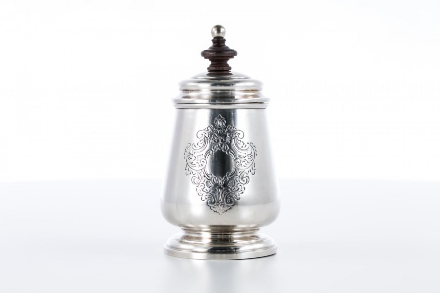 Cukiernica CESA 1882, z pokrywką z hebanem, złocona, srebrna, Włochy – art deco.
