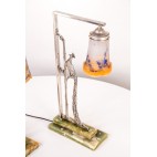 Kpl. dwóch lampek bliźniaczych z pawiami, mosiądz/chrom/szkło warstwowe, Francja - art deco